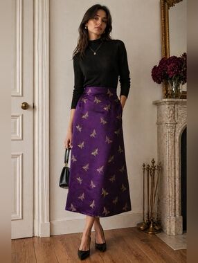 Vintage 90s April Cornell Satin Butterfly Asian Style Maxi Skirt Size XS Purple